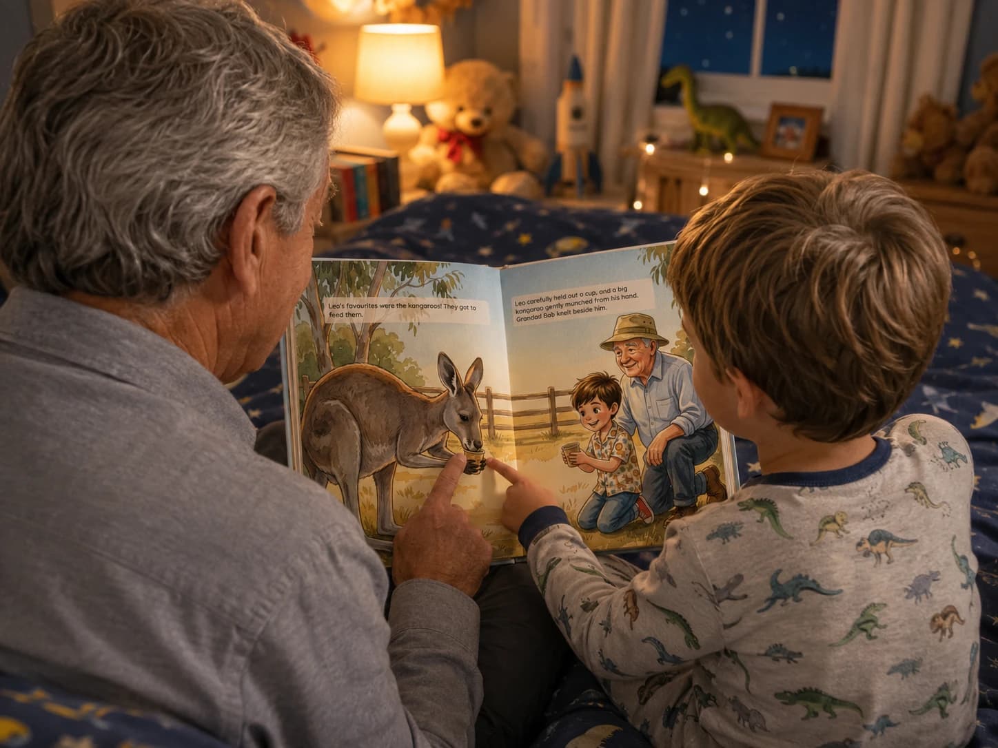 A grandad and grandson reading their personalised picture book at bedtime