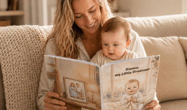 A mum reading “Emma, my Little Dreamer” to her baby on the sofa