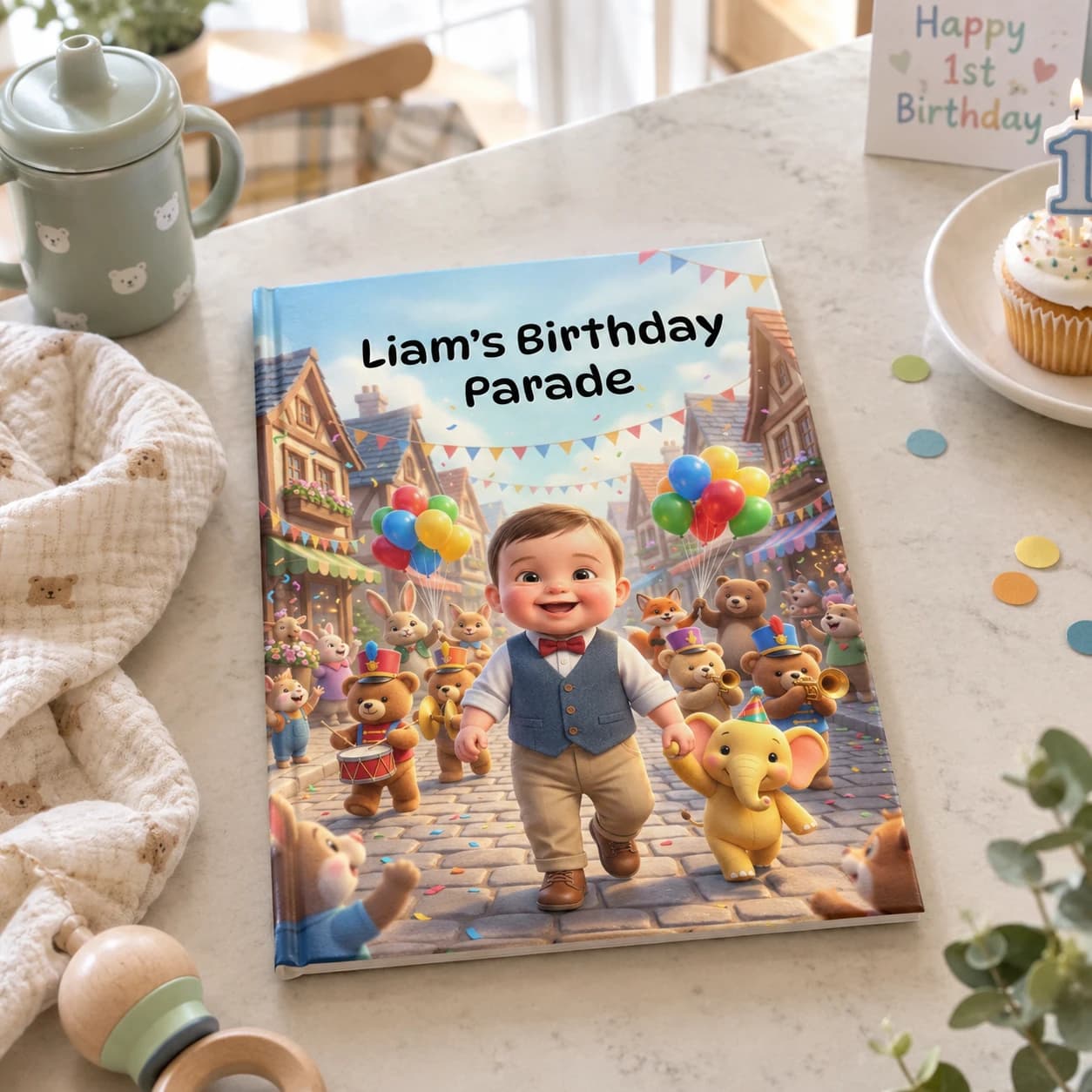 Liam’s Birthday Parade, a personalised hardcover picture book beside a first birthday cupcake