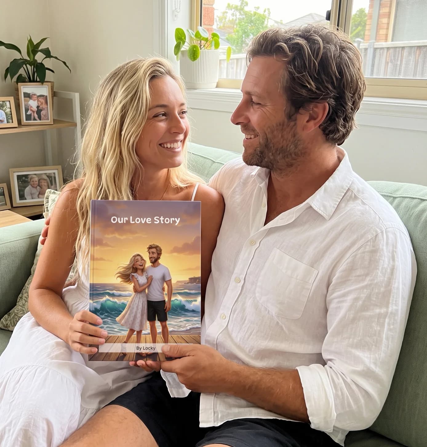 A couple with their personalised book, Our love story