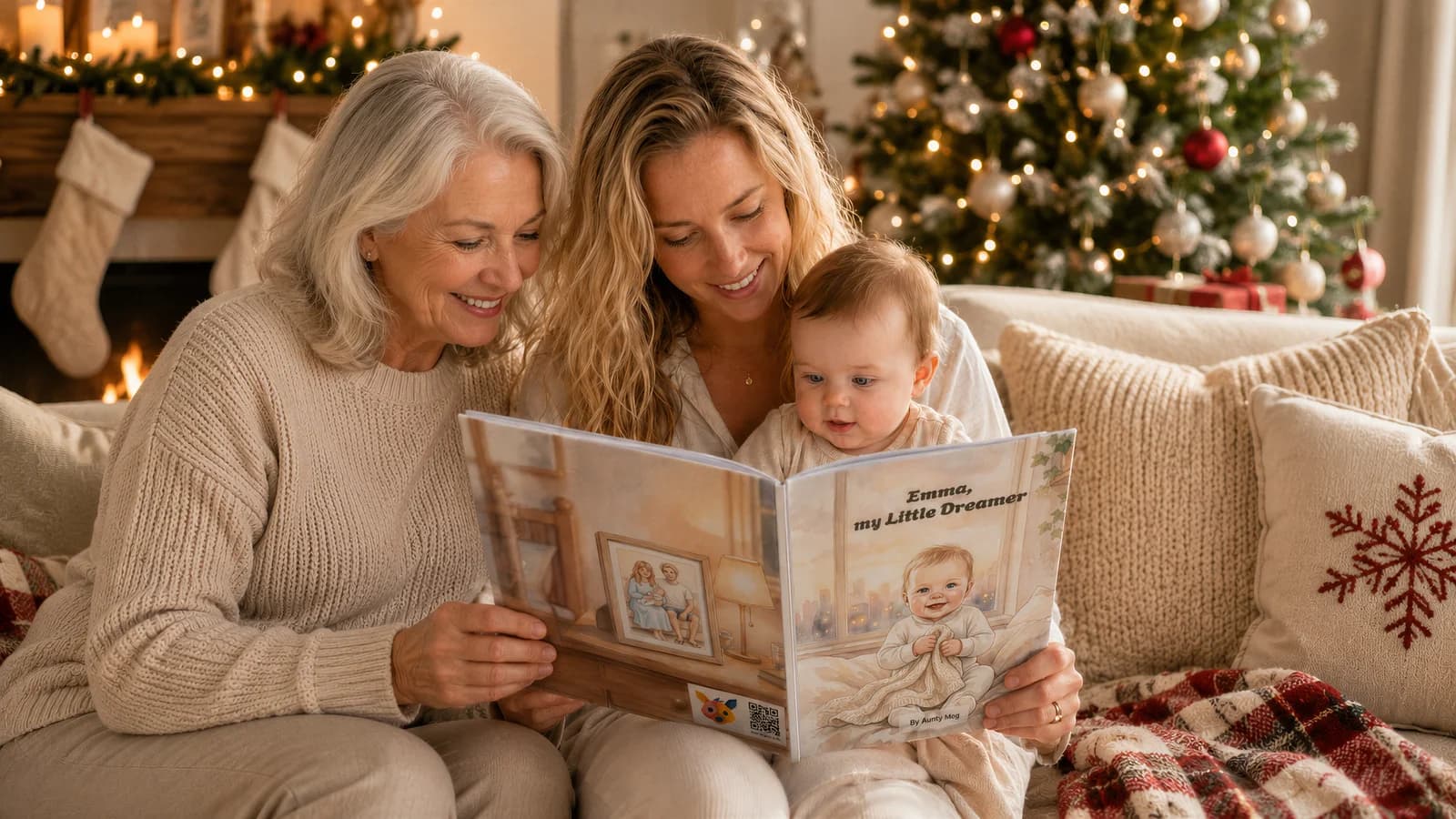 Emma, her mum and grandma reading Emma, my Little Dreamer at Christmas