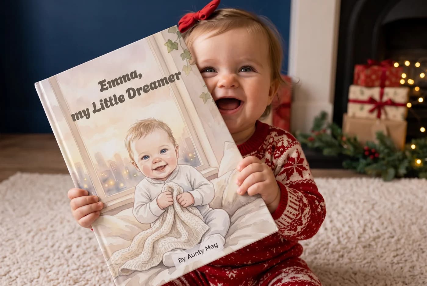 Emma holding her personalised book, Emma, my Little Dreamer