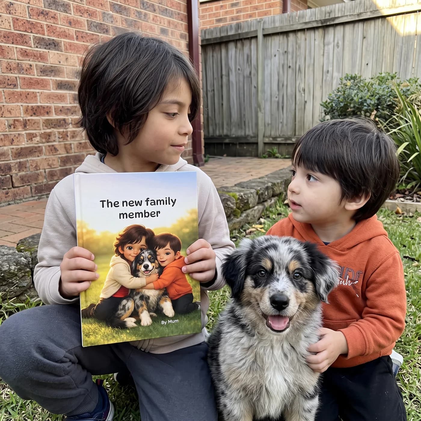 Two boys and their dog with their personalised book, The new family member