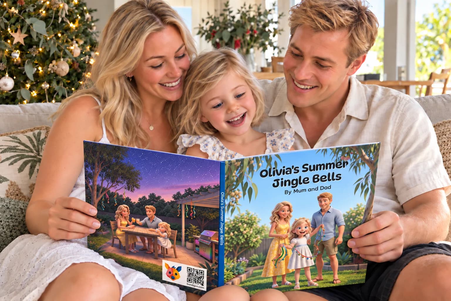 Olivia and her family reading Olivia’s Summer Jingle Bells