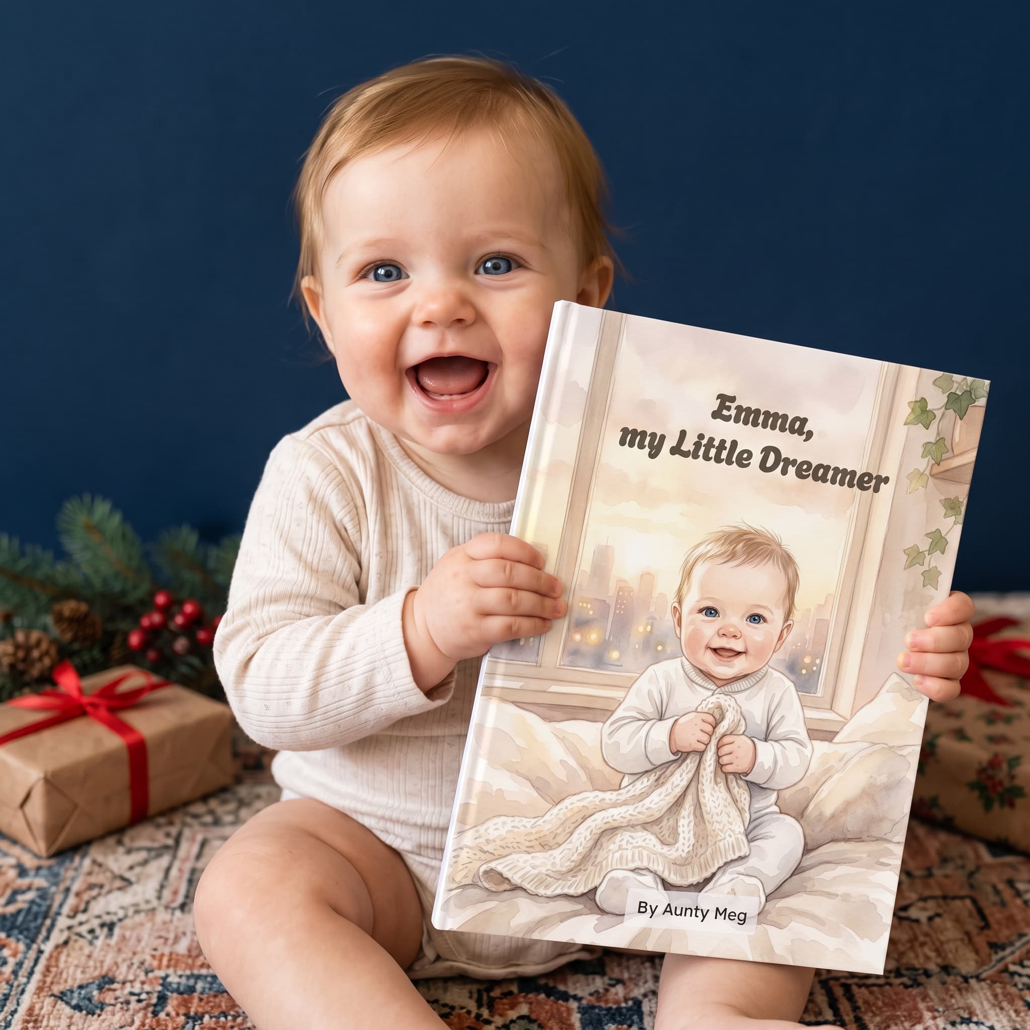 Baby holding Emma, my Little Dreamer, a personalised picture book made with Bandigon