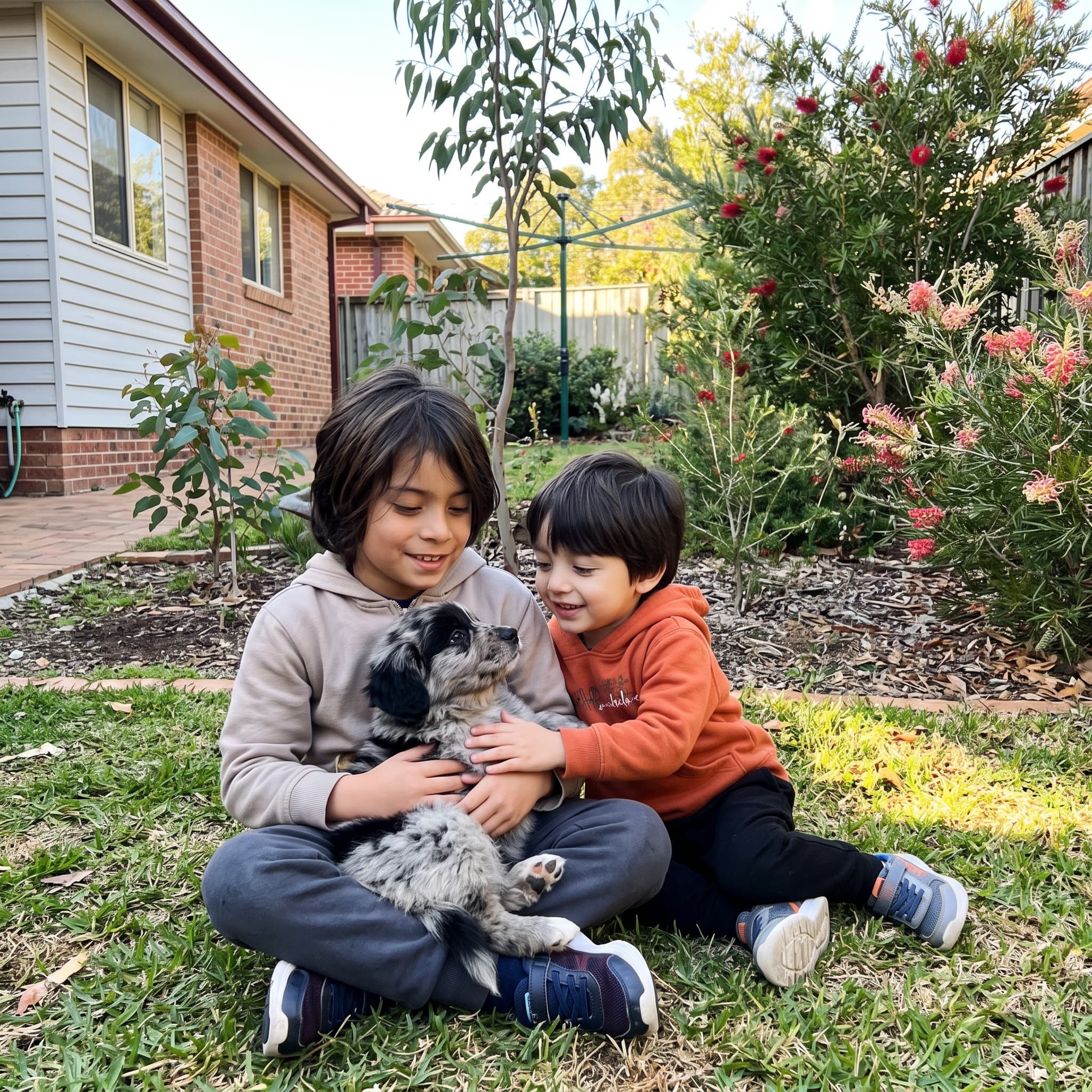 Two brothers sitting together in the garden with their puppy