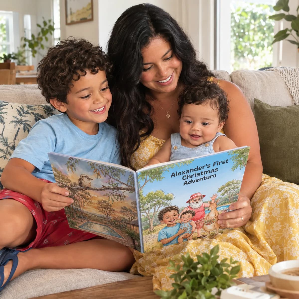 A mother and children reading their personalised Christmas storybook